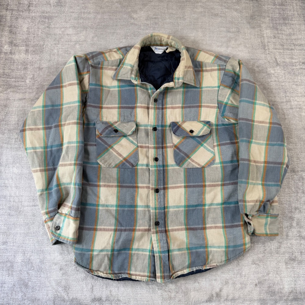 Five Brother Shirt Mens Large Blue Plaid Vintage 80s Quilted Shacket Made in USA